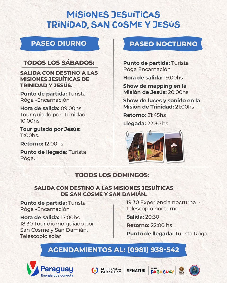 Senatur_Py's tweet image. ✨Viví la magia de las Misiones Jesuíticas✨
Sumate a los recorridos turísticos que te invitan a descubrir la historia, la cultura y la belleza de Trinidad, Jesús y San Cosme y Damián.

🌞 Paseos diurnos y nocturnos desde Turista Róga Encarnación, con experiencias únicas como el…