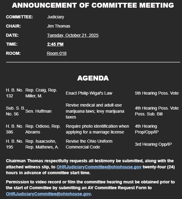 Higgins_ACLUOH's tweet photo. Ohioans, changes to the adult-use cannabis laws that you approved in 2023 are on the move yet again. SB 56 is set for a possible substitute bill (amended bill) and vote *without testimony* on Tuesday, 10/21. You can find who represents you in the OGA here: https://t.co/gcvRmeghrR https://t.co/fRixMUIlR8