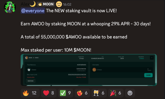 I will support everyone who builds stuff on top of Wolfswap/MOON/Wolfies

That's why this move makes me happy that it was voted PRO by $MOON holders.

Stake $MOON, earn $AWOO, at a whooping 29% APR is now LIVE! 

Let's turn on the FLYWHEEEEEEEEL!