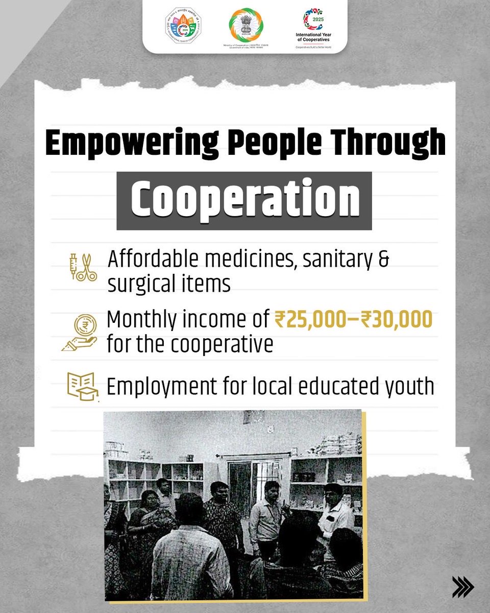 MinOfCooperatn's tweet image. Cooperation that Cares!
Lathikata LAMPCS Ltd., through its Jan Aushadhi Kendra (Under Pradhan Mantri Bharatiya Janaushadhi Pariyojana), has made quality medicines accessible and affordable for everyone. By adhering to cooperative principles, In just 100 days, the cooperative has…