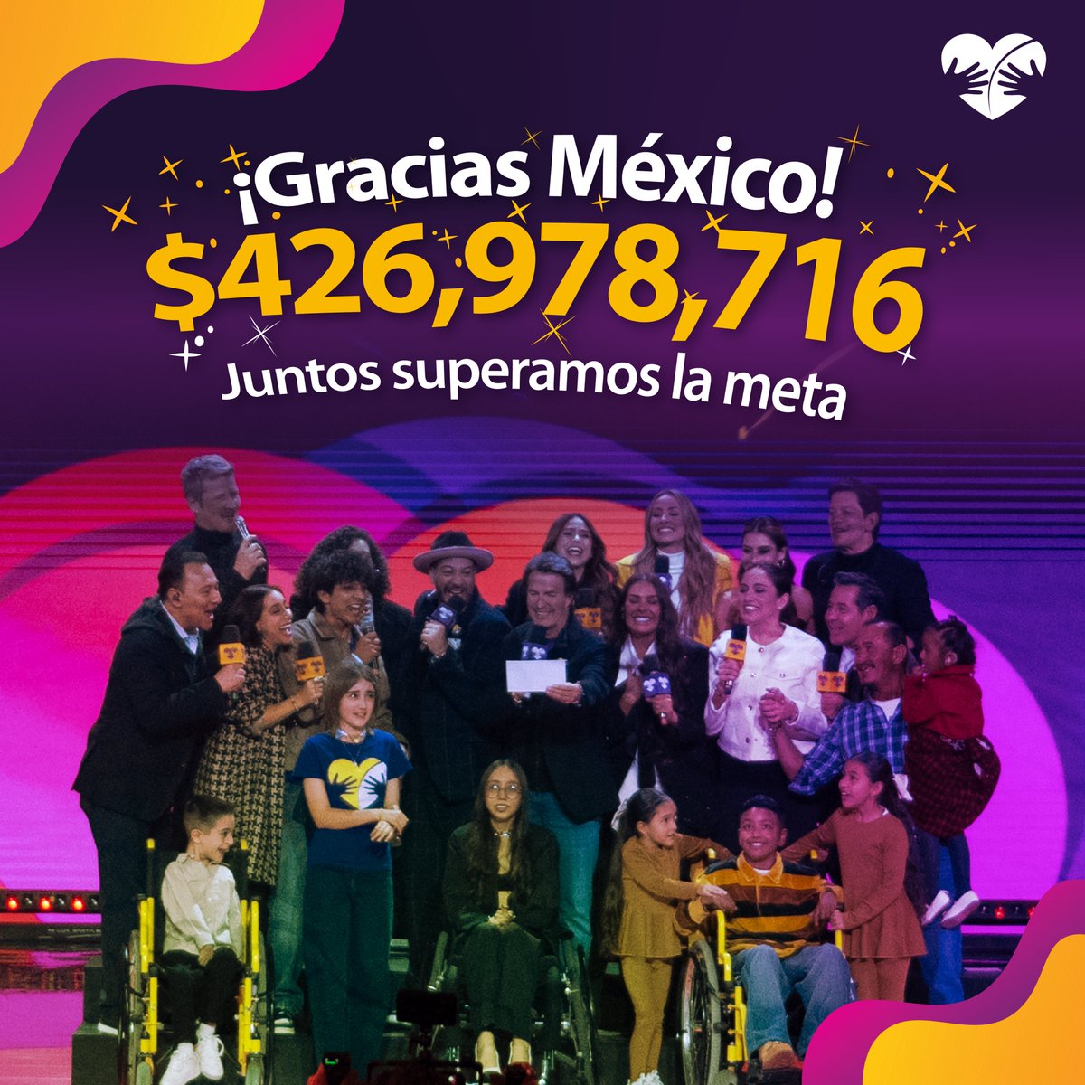 ✨ ¡Meta alcanzada! ✨🎉

Una vez más México demuestra que Teletón cambia todo, tú cambias todo. 💜💛

Gracias por hacer posible miles de sonrisas y sueños cumplidos. 🇲🇽