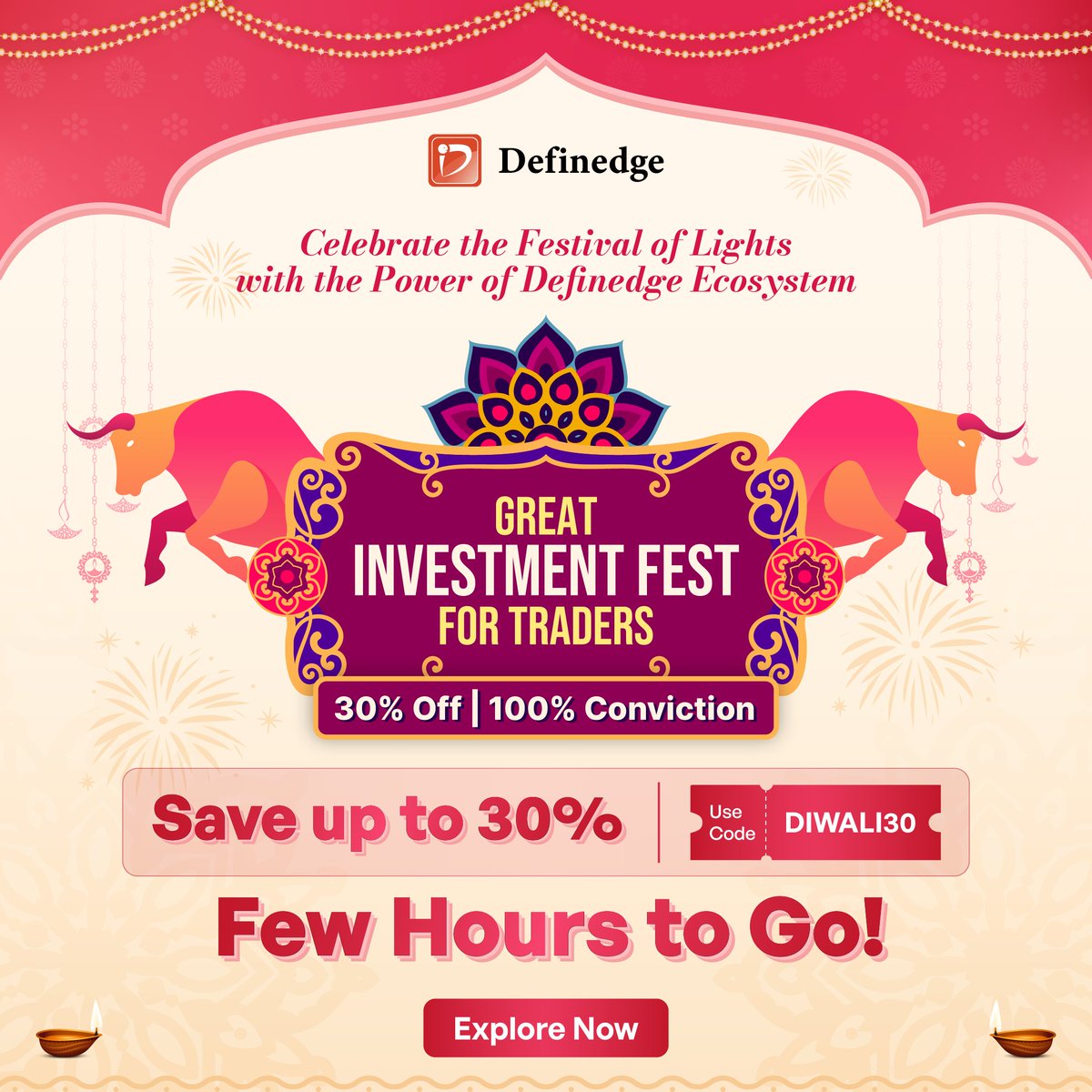 Definedge's tweet image. Just a few hours left before your biggest Diwali GIFT from Definedge begins!
Get ready to make the most of this Diwali GIFT with Definedge Securities.
Save 30% with Definedge Securities
(Use Code: DIWALI30) definedgesecurities.com/diwaligift
Save 20% with Definedge Solutions
(Use Code:…