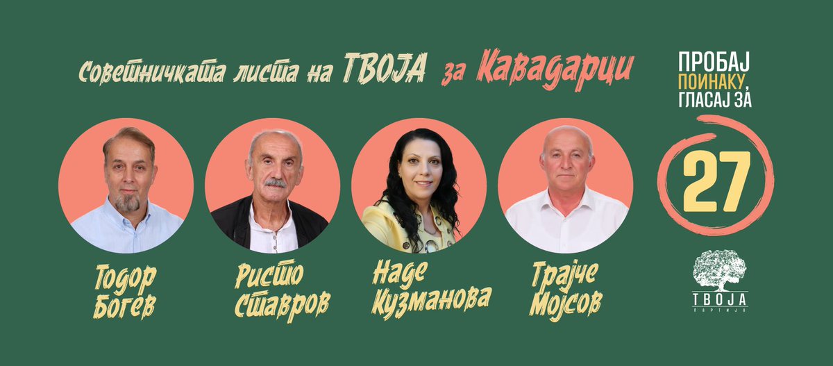 Пробај поинаку, гласај за Твоја партија.
Заокружи 27 и гласај за советничката листа на Твоја партија во Кавадарци.
