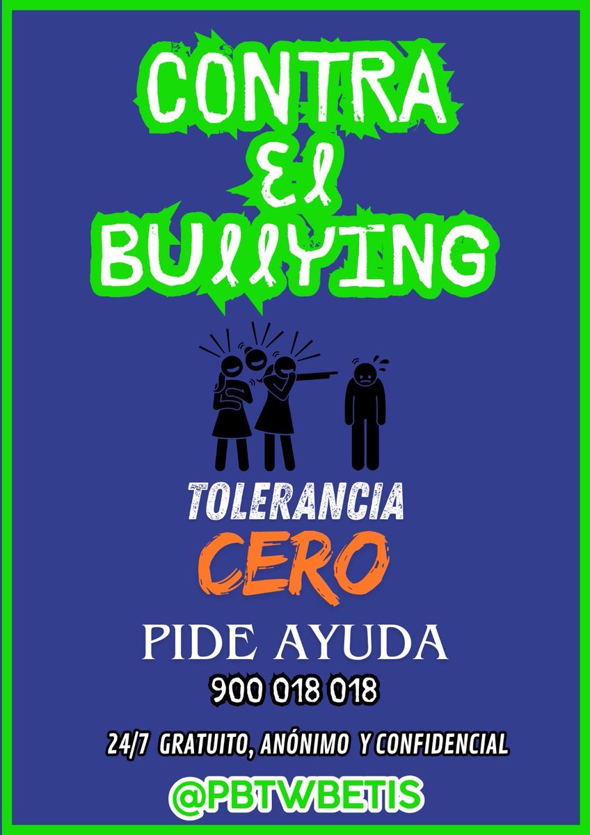 ¡¡CONTRA EL BULLYING TOLERANCIA CERO!! ❌

Si estás sufriendo acoso escolar no dudes en pedir ayuda ¡NO ESTÁS SÓL@! 💪🏼🫂

Teléfono gratuito, anónimo y confidencial ante el acoso escolar 900 018 018 disponible las 24 horas y durante los 365 días del año.

#PeñaTwBetis