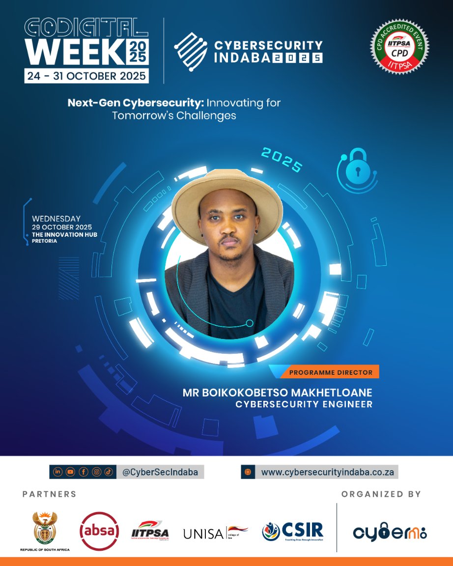 Meet Our Programme Director at the Second Annual Cybersecurity Indaba!

<a href="/Boi_Fingerz/">Mr Fingerz</a> is a Cybersecurity Engineer and passionate advocate for digital education and youth empowerment. 

#CyberSecurityIndaba #CyberM8 #YouthInCyber #DigitalFuture