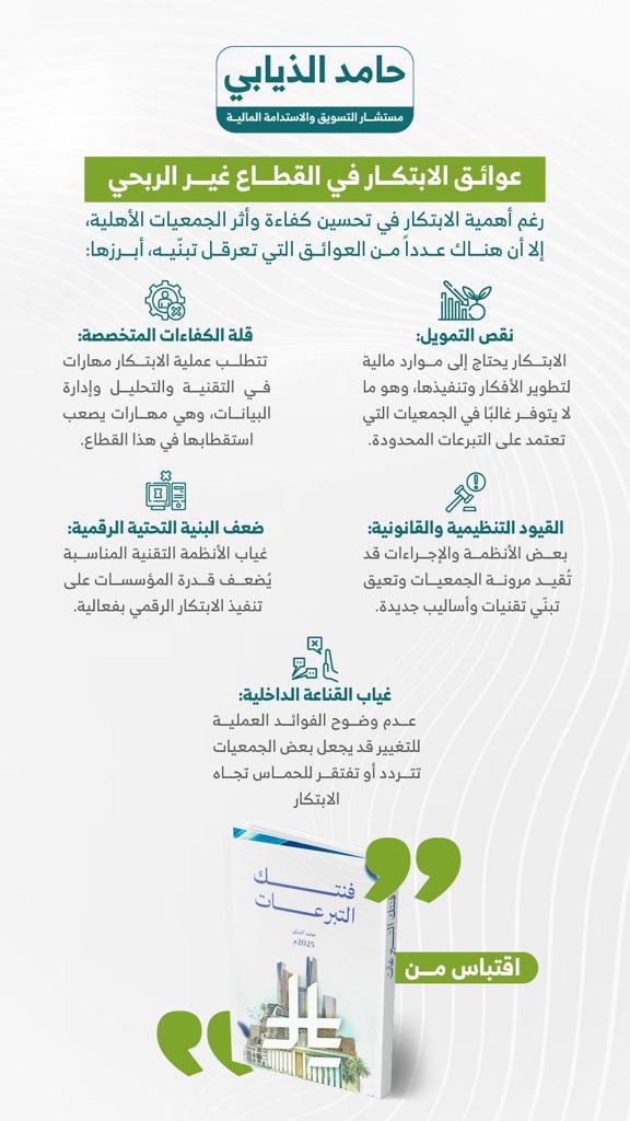 عوائق الابتكار في القطاع غير الربحي ملخصةً من فنتك التبرعات للمزيد من الفائدة إليكم الرابط 💡:
📎
drive.google.com/file/d/1XJGTGI…

#فنتك_التبرعات 
#القطاع_غير_الربحي