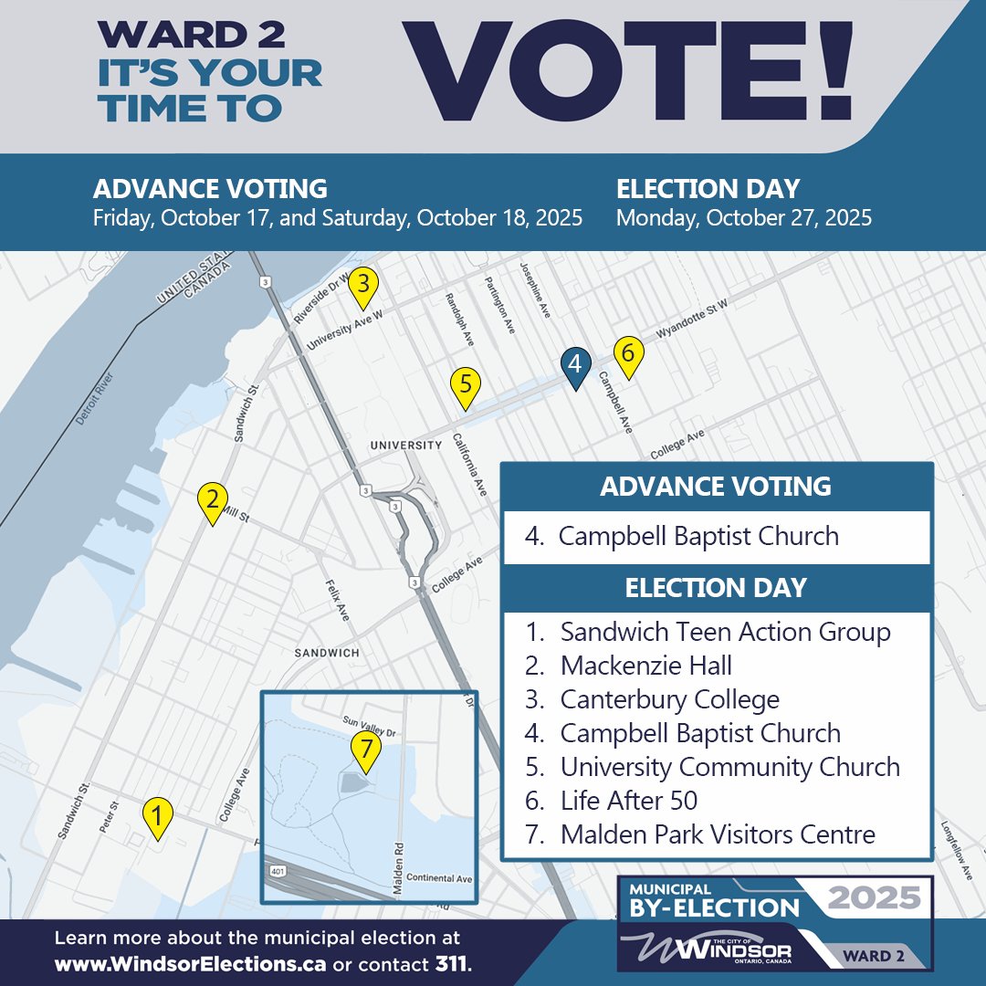 Ward 2 residents: advance voting starts today! 
Vote early today (Fri, Oct 17) &amp; Sat, Oct 18, 10AM to 8PM at Campbell Baptist Church (1821 Wyandotte St W). Details on ID, free transit &amp; more:  ow.ly/ieP550Xe4wp #YQG