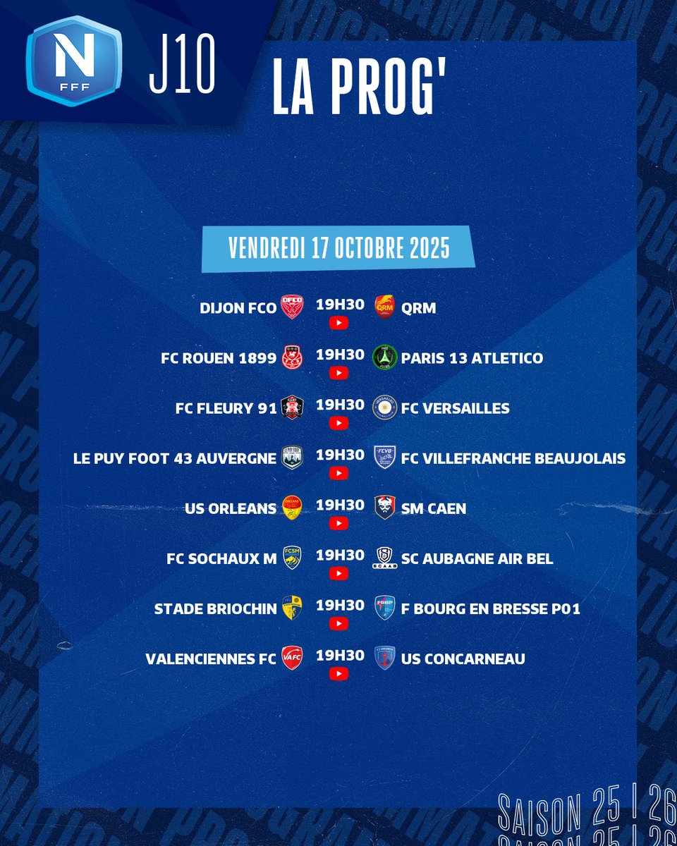 Les 17 équipes du <a href="/NationalFFF/">Championnat National</a> entament ce soir la J1⃣0⃣. À l'approche du premier tiers de la saison, le leader <a href="/fcr1899/">FC Rouen 1899</a> et son dauphin le <a href="/FC_Versailles/">FC Versailles</a> impriment un rythme d'enfer. Mais leurs poursuivants sont décidés à ne pas les laisser s'échapper 💪
📺youtube.com/@Championnat_N…