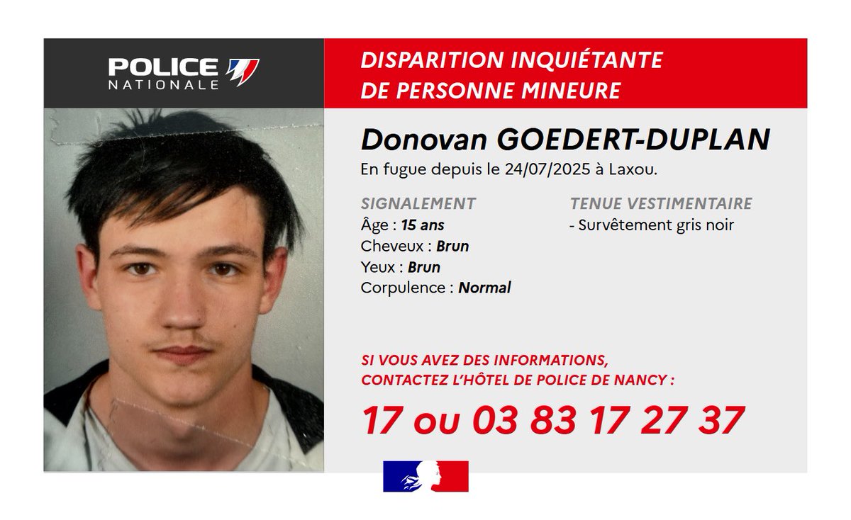 #DisparitionInquiétante | Les enquêteurs de #Nancy recherchent Donovan GOEDERT-DUPLAN, disparu depuis le 24 juillet 2025.

Merci pour vos retweets