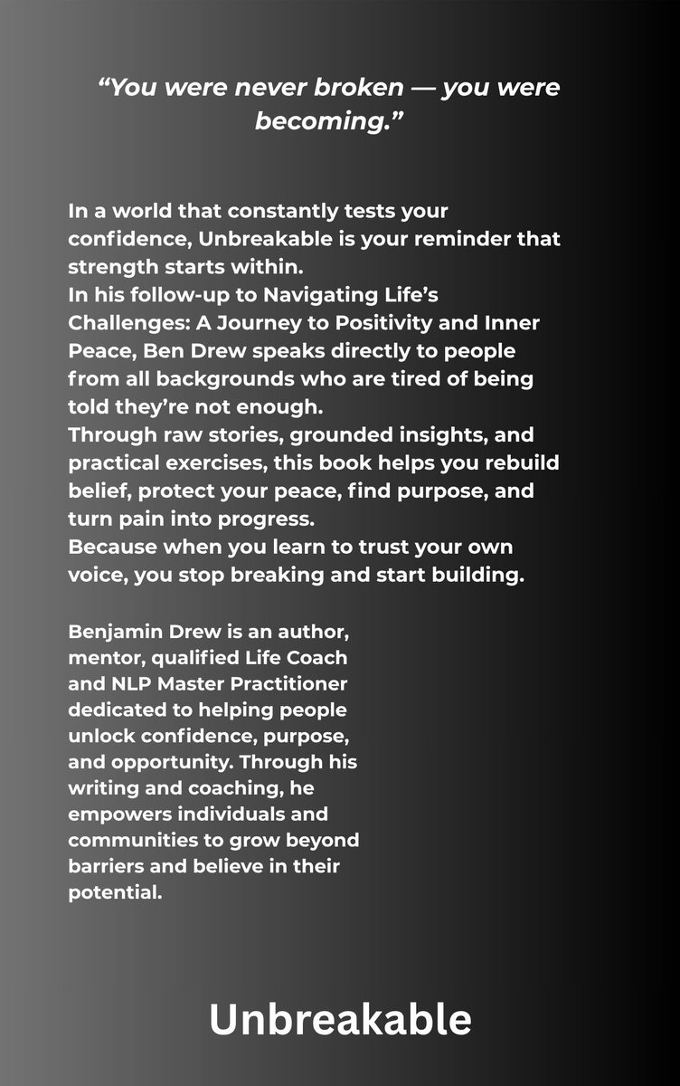 benjamindrew's tweet image. I wrote Unbreakable for anyone who’s ever questioned their worth, lost faith in themselves, or felt like they had to keep proving they belonged.

#Unbreakable
#theunbreakablelifetrilogy
#bounceback 
#comeback
