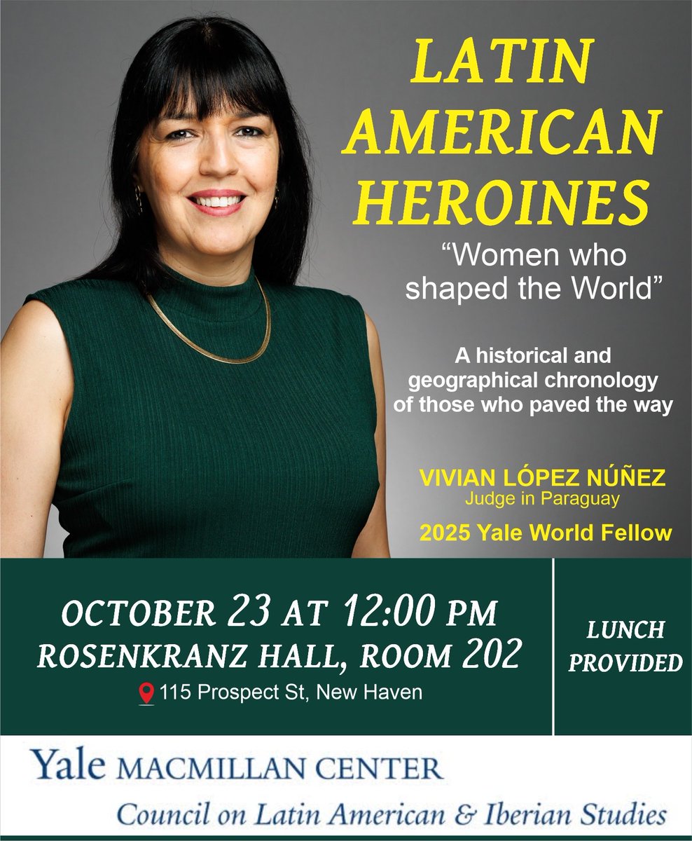 Este jueves 23, 12pm en <a href="/Yale/">Yale University</a> como <a href="/WorldFellows/">YaleWorldFellows</a> daré a conocer la vida de mujeres latinoamericanas que construyeron nuestro presente ⚖️🙋🏼‍♀️🙋🏾‍♀️🙋🏼‍♀️🙋🏻‍♀️
Latin American Heroines: Women Who Shaped the World by Yale Jackson School of Global Affairs jacksonyale.enterprise.localist.com/event/latin-am…
