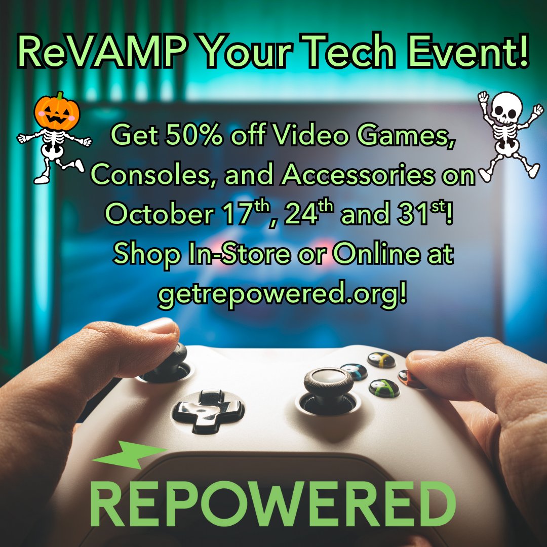 ReVAMP Your Tech this VIDEO GAME FRIDAY 
This October, every Friday is a scream! Sink your fangs into 50% OFF video games, consoles, controllers, and accessories. Shop In-Store or Online at hubs.la/Q03MxYL90!
#ReVAMPYourTech #SpookySavings #HalloweenSale #GetRepowered