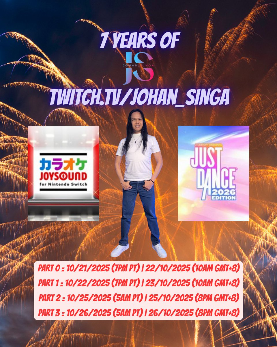 🦁 Johan Singa ジョハン・シンガ 🦁 (@johan_singa) on Twitter photo Next week will mark my 7th year as a Twitch streamer.
To celebrate, I will be doing a series of Karaoke JOYSOUND and <a href="/justdancegame/">Just Dance 2026 Edition</a> streams for all of you.
Feel free to drop by during any of these streams! Would love to see you all in chat.
Look forward to fun times together! Next week will mark my 7th year as a Twitch streamer.
To celebrate, I will be doing a series of Karaoke JOYSOUND and <a href="/justdancegame/">Just Dance 2026 Edition</a> streams for all of you.
Feel free to drop by during any of these streams! Would love to see you all in chat.
Look forward to fun times together!