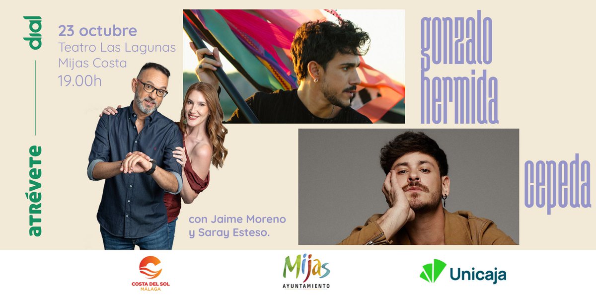 dialmalaga's tweet photo. Buenas noticias!
@cepedaoficial se viene junto a @hermidagonzalo al especial @atrevetedial de @Cadena_Dial  en Mijas!
Descarga tu invitación aquí ⬇️
https://t.co/LekS2K8rDB
Patrocinan @AytoMijas @vivecostadelsol  y @UnicajaBanco https://t.co/MFUH6ZH5BG
