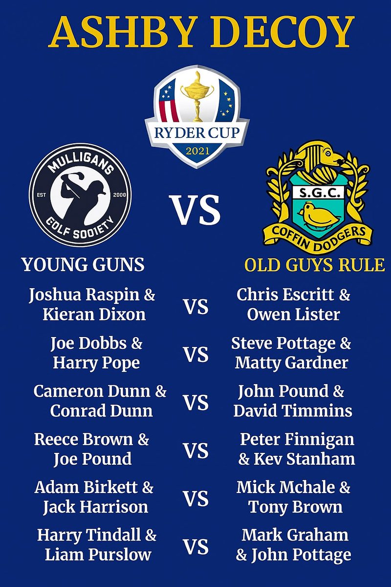 Big match going down at Ashby Decoy tomorrow with the Younguns (us) taking on the clubs older statesmen (Coffin Dodgers). 

Birdies, Bogeys and lots of beers on the agenda 

This is what weekend golf is all about.
