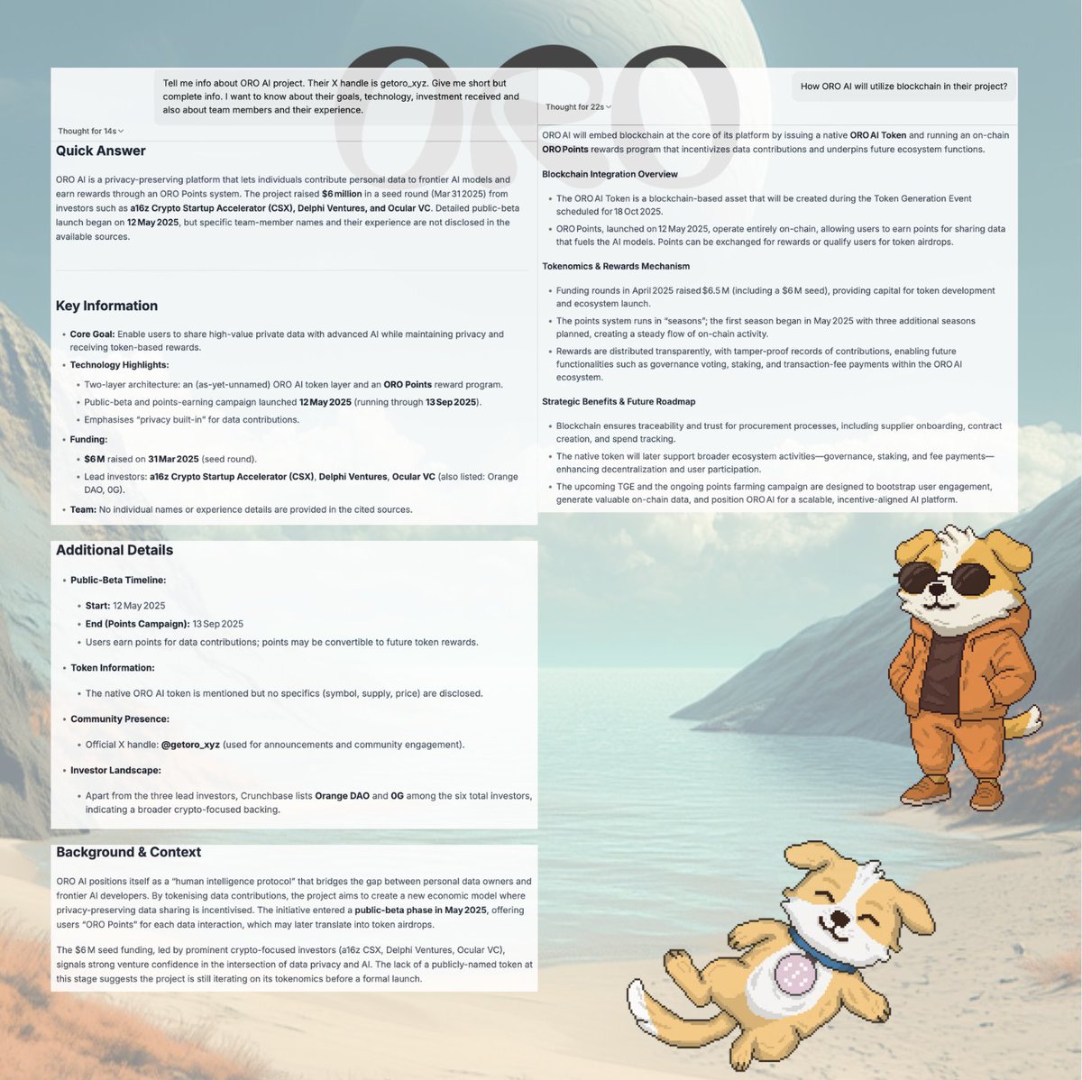 Today I asked Sentient Chat about ORO AI
Its project building a privacy-preserving bridge between real verifiable human data and frontier AI

----
Chat nailed some details:
💡 clear summary of goals and tech
💰 $6 M seed round (a16z CSX, Delphi Ventures, Ocular VC)
🔗 ORO points