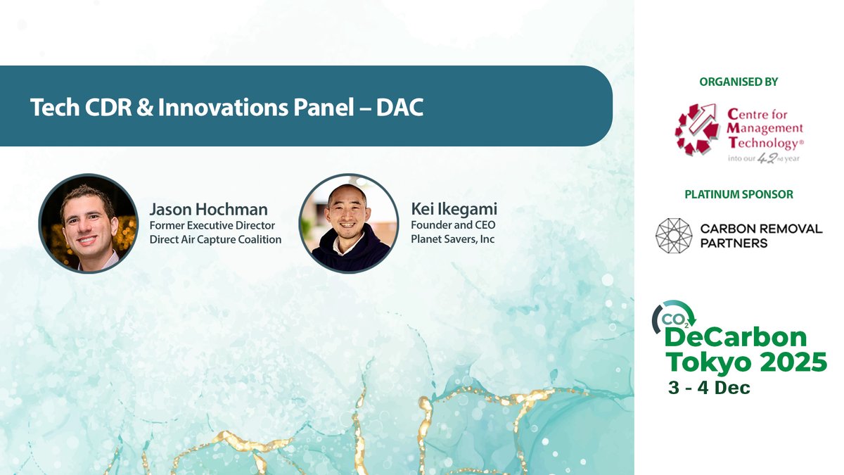 Very excited to speak at DeCarbon Tokyo, taking place December 3-4, on two panels exploring the critical role Japan can play in scaling the CDR sector, &amp; the opportunity DAC represents for Japanese stakeholders.
Learn more &amp; register to join us here: cmtevents.com/aboutevent.asp…