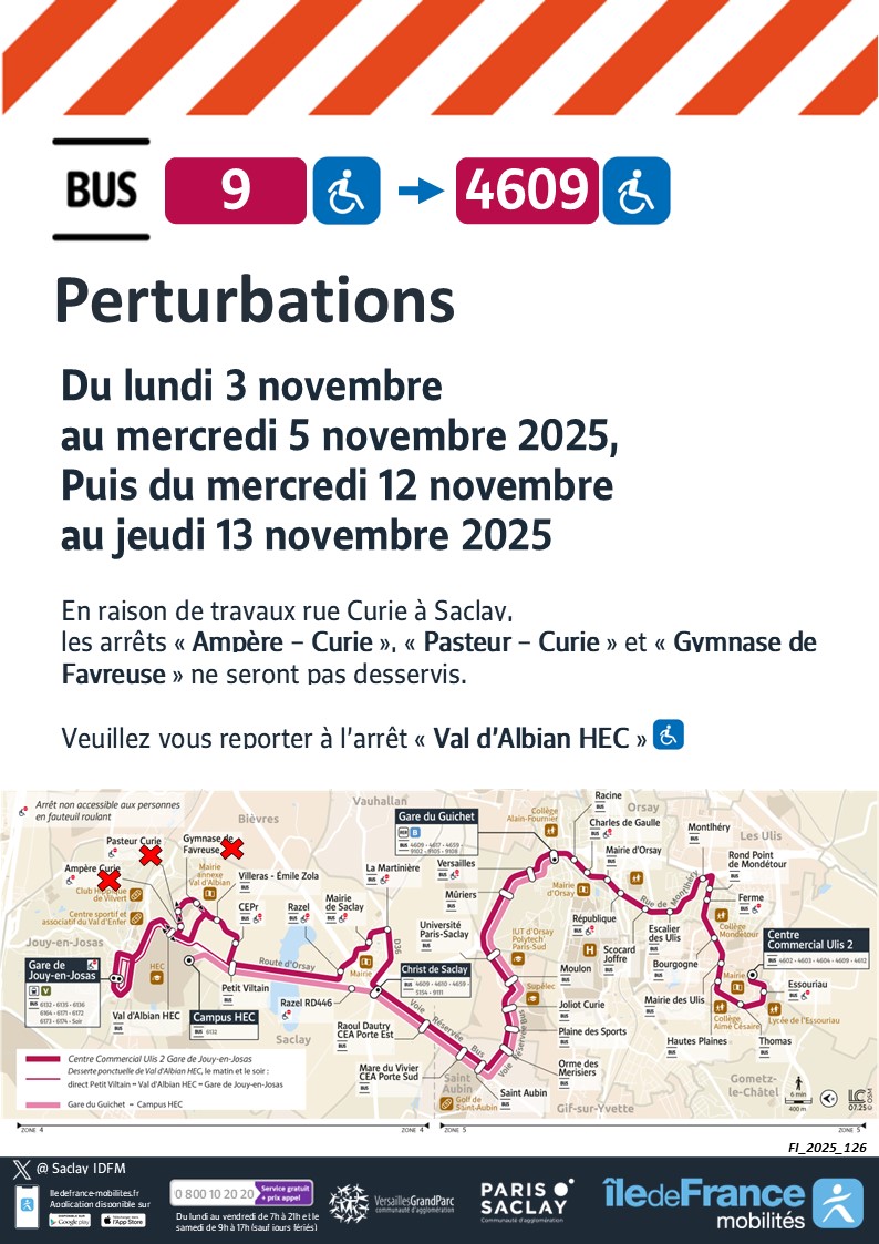 🚨 #infotrafic #Travaux #Ligne4609
‼️Du 12/11 au 13/11/25
🚧quartier Val d'Albian à Saclay
❌Arrêts 'Ampère - Curie', 'Pasteur - Curie' et 'Gymnase de Favreuse' non desservis
✅Arrêt de report : 'Val d'Albian - HEC'
<a href="/MobParisSaclay/">Mobilités - Paris-Saclay</a> <a href="/JouyenJosas/">Ville de Jouy-en-Josas</a> <a href="/AggloVGP/">Versailles GrandParc</a>