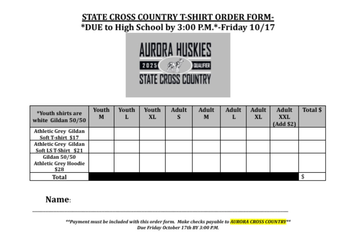 State XC Apparel Order dues today.