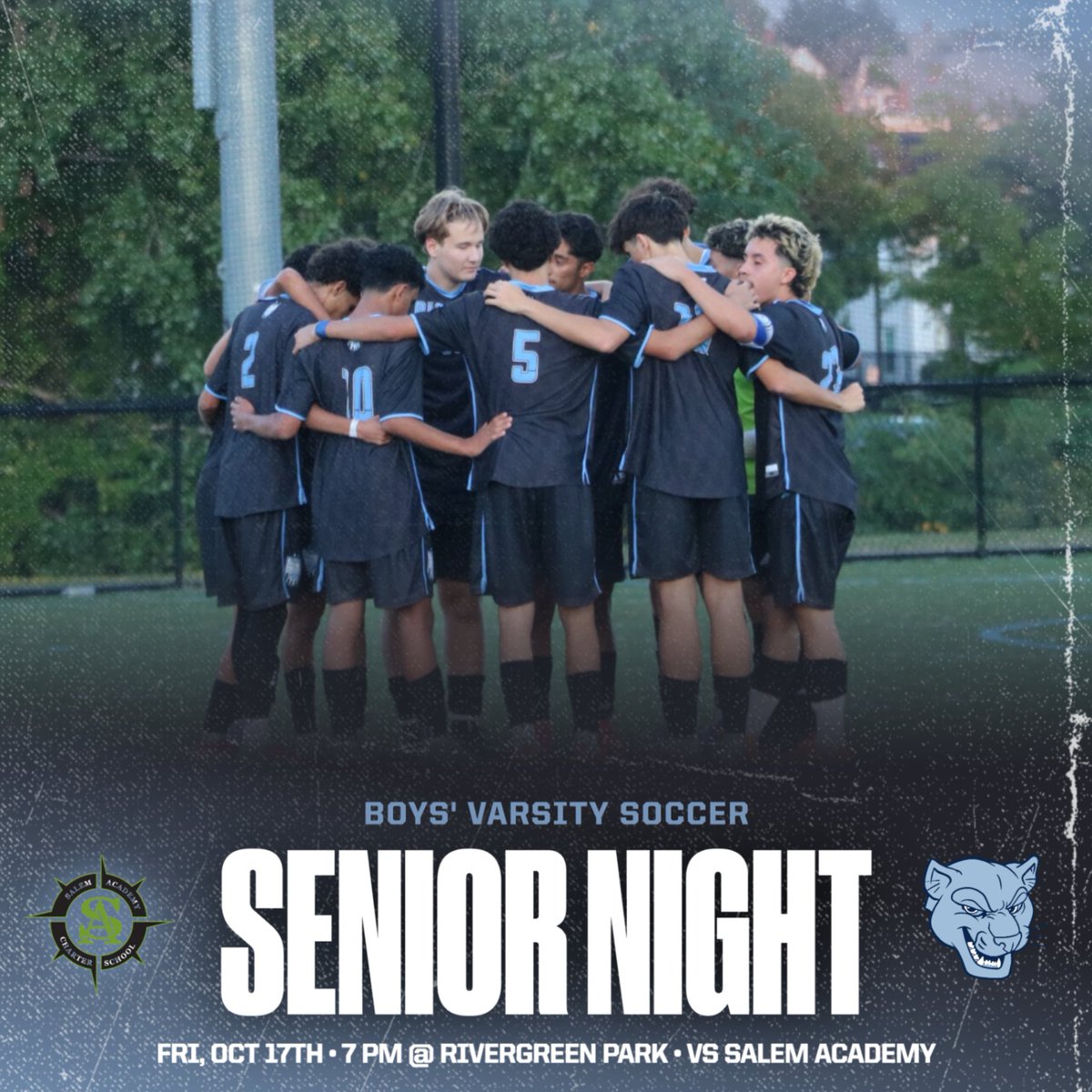 Come support our Boys' Varsity Soccer Seniors today at 7PM @ Rivergreen Park in their Senior Night game against Salem Academy!!