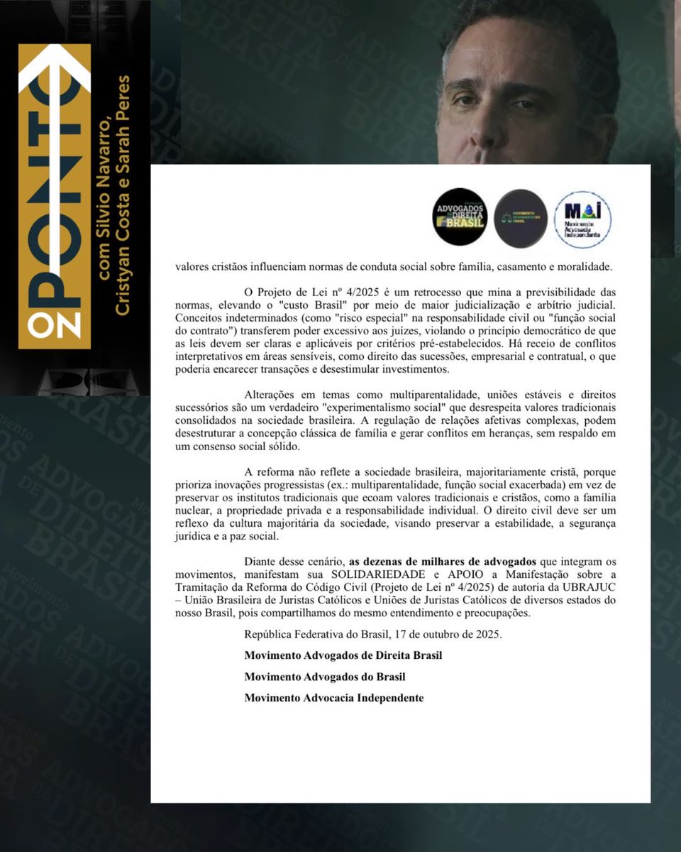 🟩NOTA CONJUNTA | Os movimentos Advogados de Direita Brasil, Advogados do Brasil e Advocacia Independente manifestam solidariedade e apoio à UBRAJUC – União Brasileira de Juristas Católicos, diante das preocupações com a tramitação acelerada e o conteúdo do Projeto de Lei nº