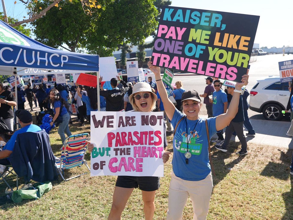 AFSCME's tweet image. It’s TGIF: Time to Get It Fixed! @unacuhcp health care workers are demanding that Kaiser fix the unsafe staffing conditions and protect patient care. They deserve respect and a fair contract. Stand with us and hold the line! #TogetherWeRise #KaiserStrike #UNACUHCPStrong