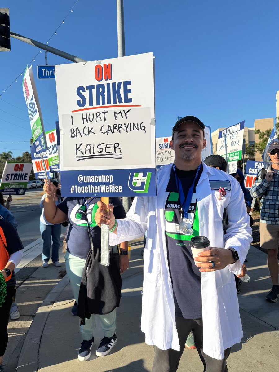 AFSCME's tweet image. It’s TGIF: Time to Get It Fixed! @unacuhcp health care workers are demanding that Kaiser fix the unsafe staffing conditions and protect patient care. They deserve respect and a fair contract. Stand with us and hold the line! #TogetherWeRise #KaiserStrike #UNACUHCPStrong
