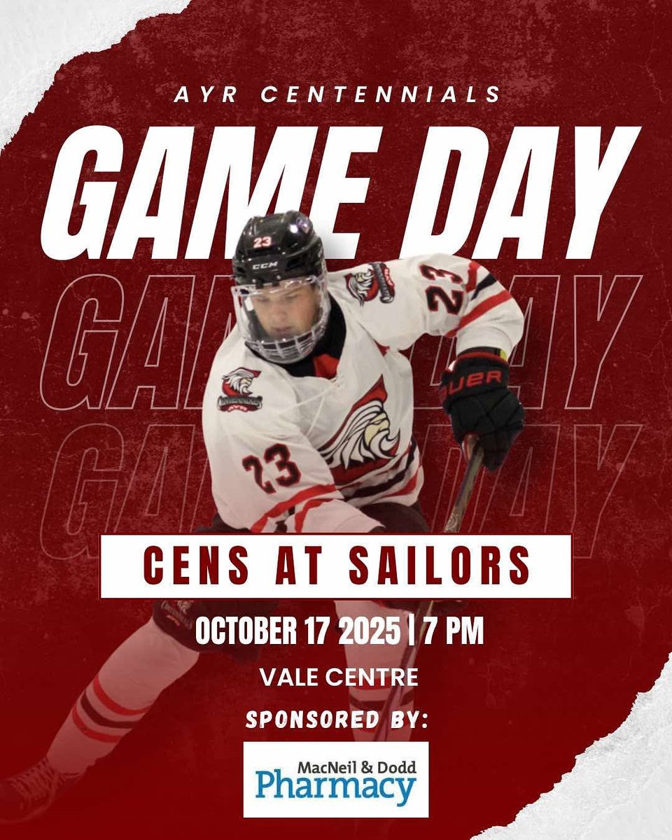 Game day !! 

The <a href="/AyrCentennials/">Ayr Centennials</a> are on the road to Port Colborne to face off against the Sailors tonight 

Puck drop 7 pm | Vale Centre | GOHL 

Good luck Cens !! 

<a href="/AyrCentennials/">Ayr Centennials</a> <a href="/GOHLHockey/">Greater Ontario Hockey League</a>  <a href="/519sportsonline/">519 Sports Online</a>