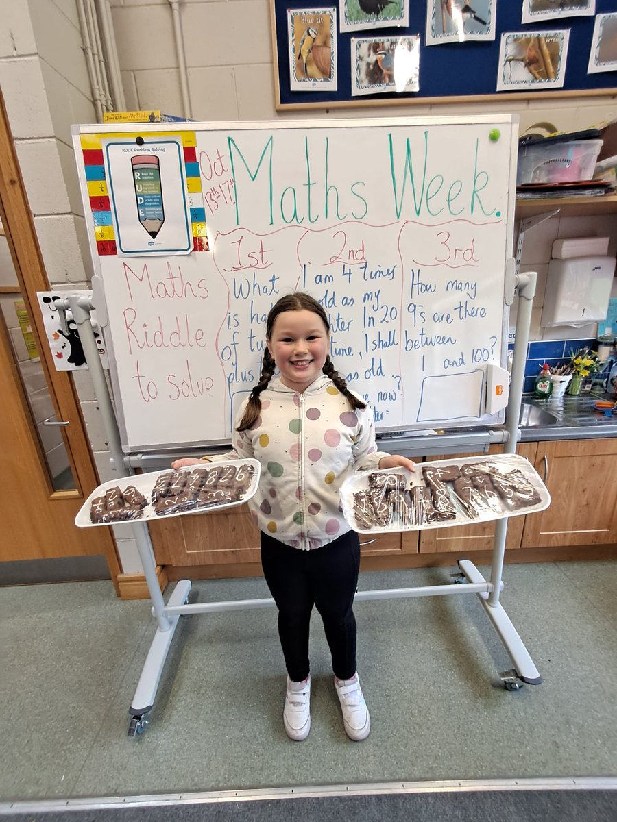 Fantastic work from our 1st 2nd and 3rd classes for Maths week. We took part a Daily Maths Riddle,Maths Trail,Data collection of how many teeth are in the room!Lots of maths games and finished with beautiful homemade brownies made by Reya in 1st class.😁 <a href="/mathsweek/">Maths Week Ireland</a>