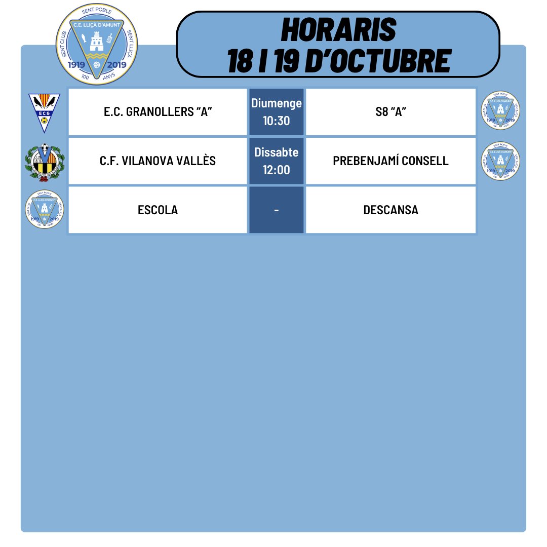 Horaris dels partits d'aquest cap de setmana!

#somlliçà🔵⚪