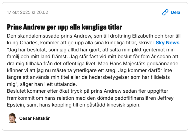 Prins Andrew avsäger sig alla kungliga titlar.