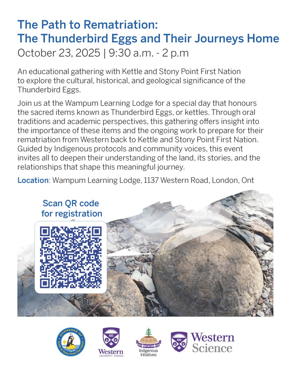 Science Allies!
Oct 23rd - a learning event ahead of the rematriation of Thunderbird Eggs (kettles) to Kettle &amp; Stony Point FN. Co-hosted with OII, exploring these sacred stones through many lenses as part of reconciliation.
Sign up via QR on ad
#Reconciliation #IndigenousScience