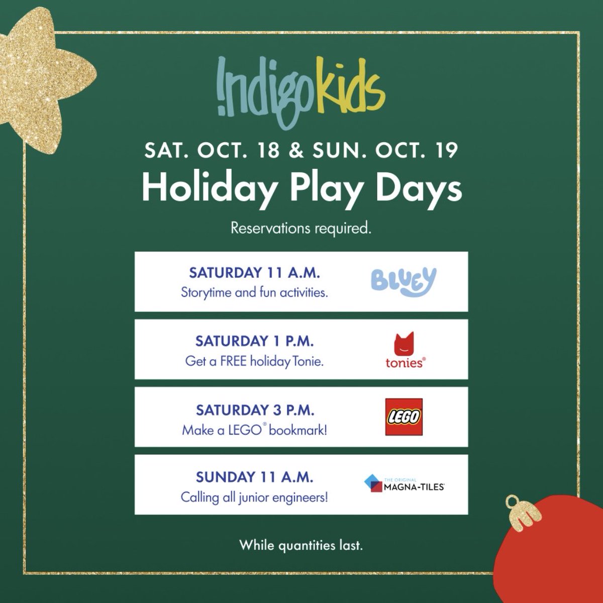 ✨This weekend the magic of the holidays begins at #Indigo, your happy place for the season.
Join us for festive #storytime, hands-on fun, and the season’s best #books and #toys. 
Register today for Holiday Play Days! ow.ly/2ttG50X6tPL

#Bluey #Tonies #LEGO #Magnatiles