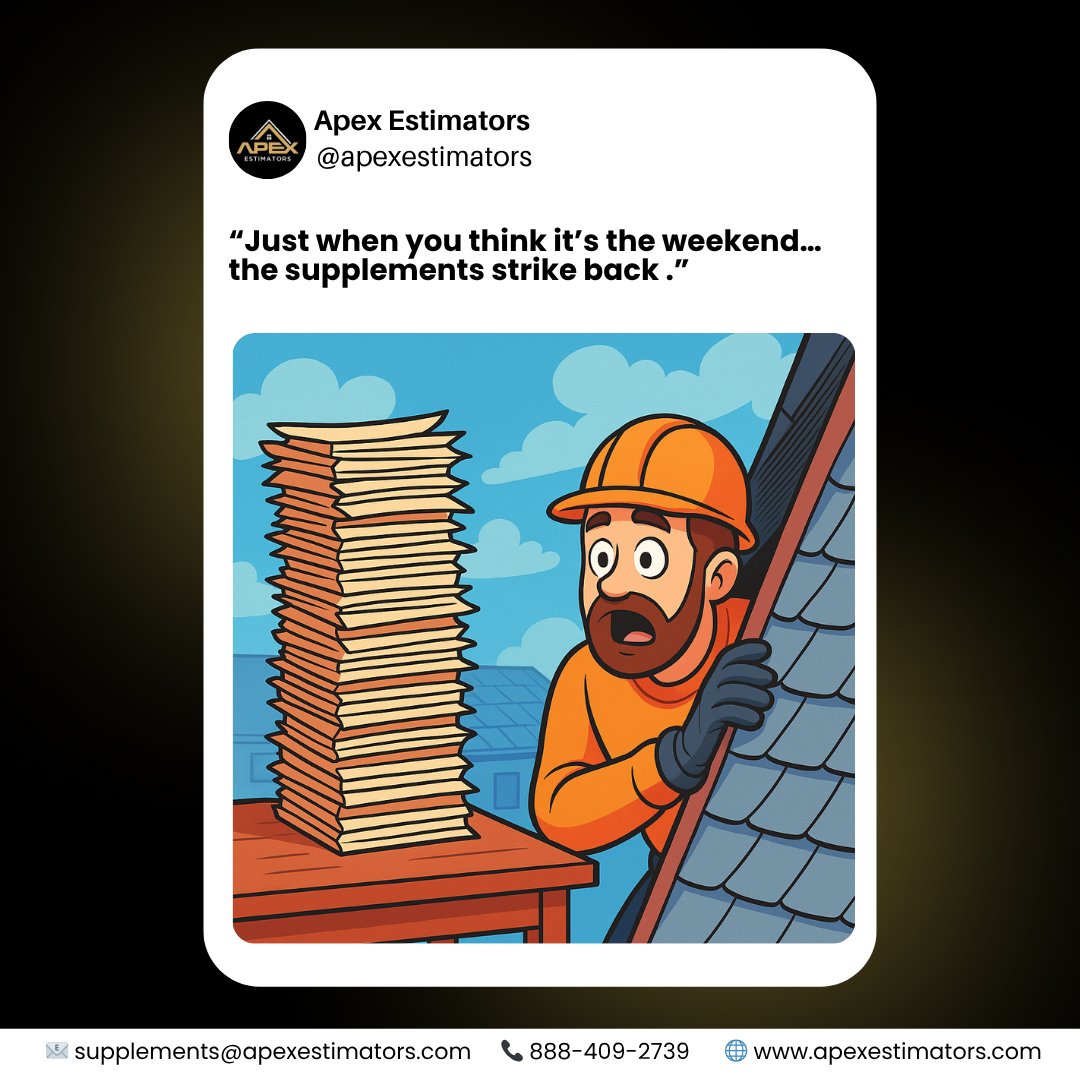 apexestimators's tweet image. &quot;Just when you think it’s the weekend… the supplements strike back.&quot;
Apex Estimators to the rescue! We handle the back-and-forth with adjusters so you can finally take that day off.

#ApexEstimators #paperworkproblems #roofingsupplement