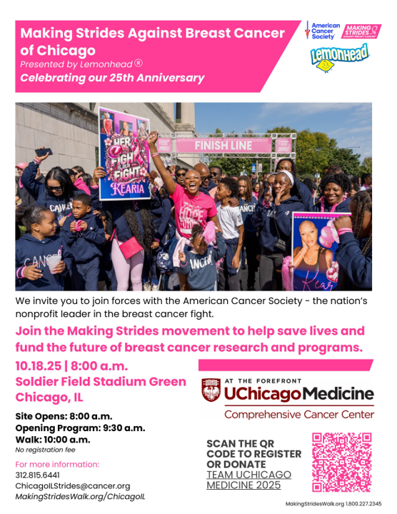 <a href="/UCCancerCenter/">UChicagoCancerCenter</a> is partnering with the #AmericanCancerSociety on an upcoming #MakingStridesAgainstBreastCancer event in Downtown Chicago. Join the forces by supporting the nation’s largest and most impactful breast cancer movement. <a href="/AmericanCancer/">American Cancer Society</a> <a href="/UChicagoBreast/">UChicago Medicine Breast Cancer Program</a> <a href="/UChicagoMed/">UChicago Medicine</a>