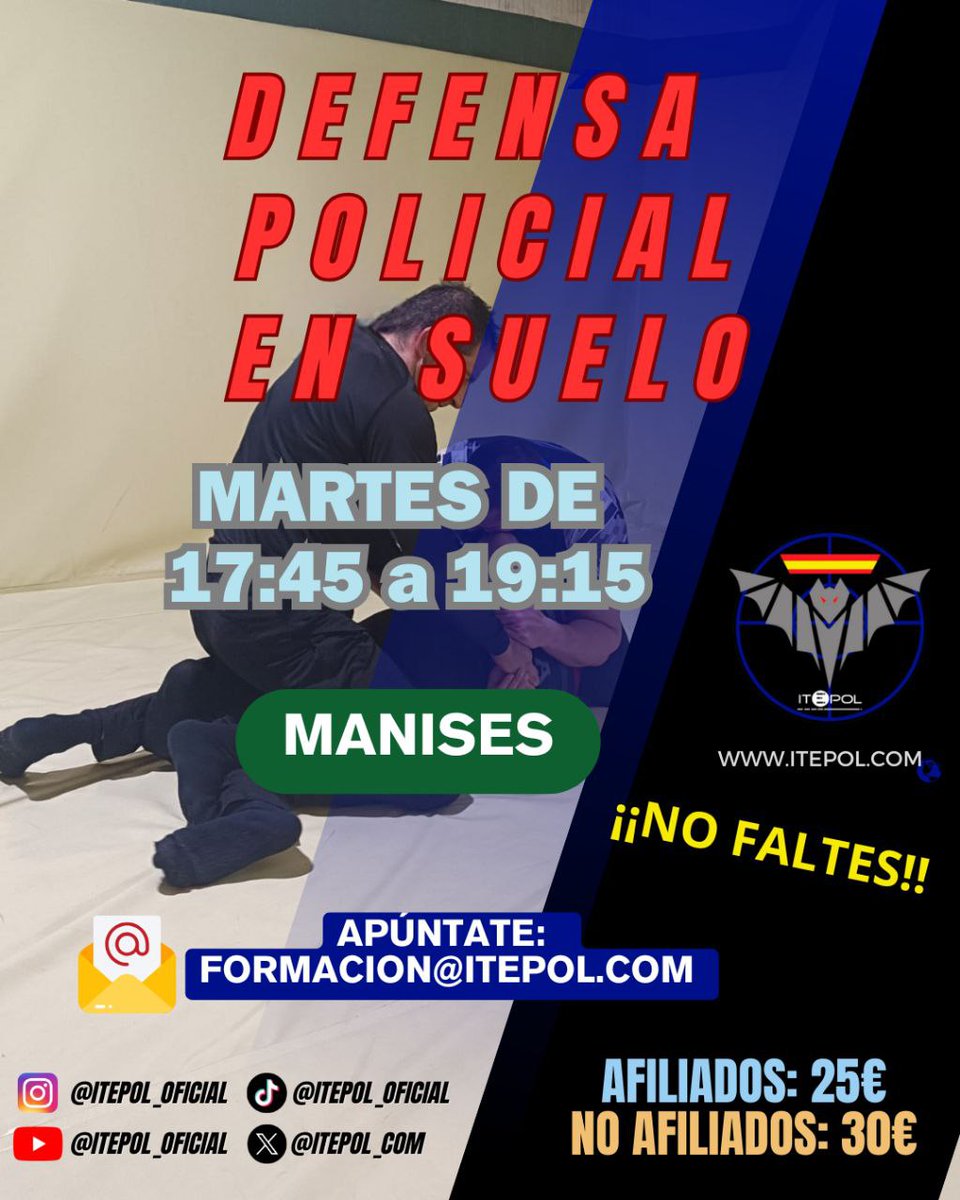 ITEPOL_COM's tweet image. 🔥 Mejora tus habilidades tácticas en el Curso de Defensa Policial en Suelo
📅 Martes | 
⏰ 17:45–19:15 | 
📍 Valencia

📩 formacion@itepol.com

#ITEPOL #DefensaPolicial
