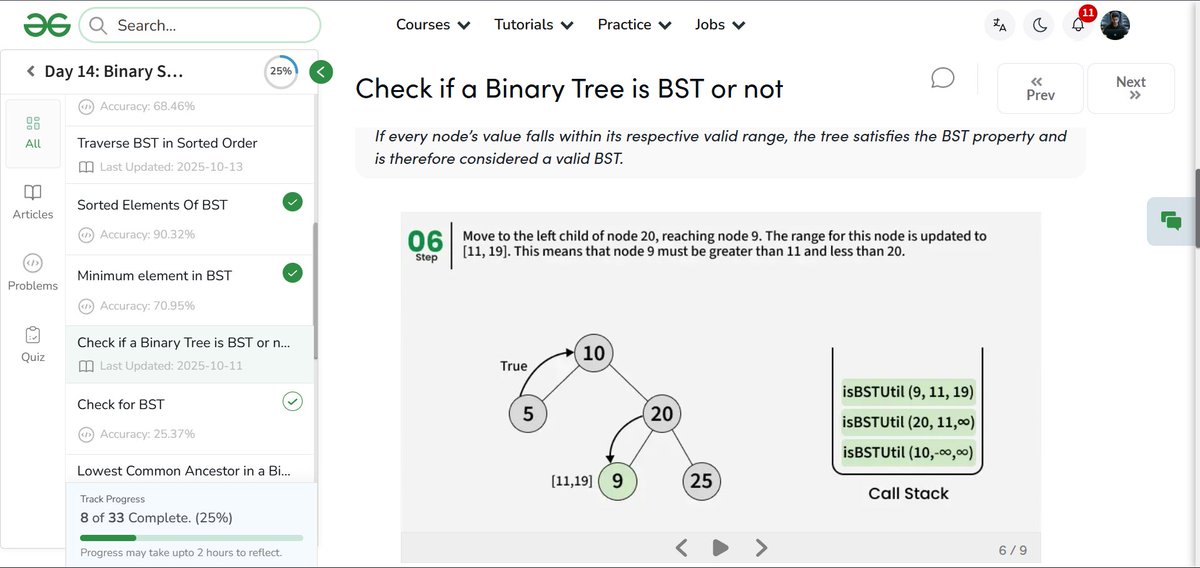 amanhaidry's tweet image. 🗓️Day 86/100
#100DaysOfCode with @GeeksforGeeks 🚀

#binarysearchtree  in #DSA
✅Check for BST
→ Using Specified Range
→ Using Inorder Traversal
→ Using Morris Traversal

🔗Course Link: geeksforgeeks.org/nation-skill-u…
#skillupwithgfg #nationskillup #100DaysOfDSA #geeksforgeeks #gfg