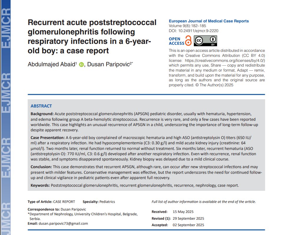 Recurrent acute poststreptococcal glomerulonephritis (APSGN) is exceptionally rare.

A 6-year-old boy developed two episodes after respiratory infections, both resolving without treatment.

Even mild recovery isn’t the end—long-term renal follow-up is essential.

Read more here:
