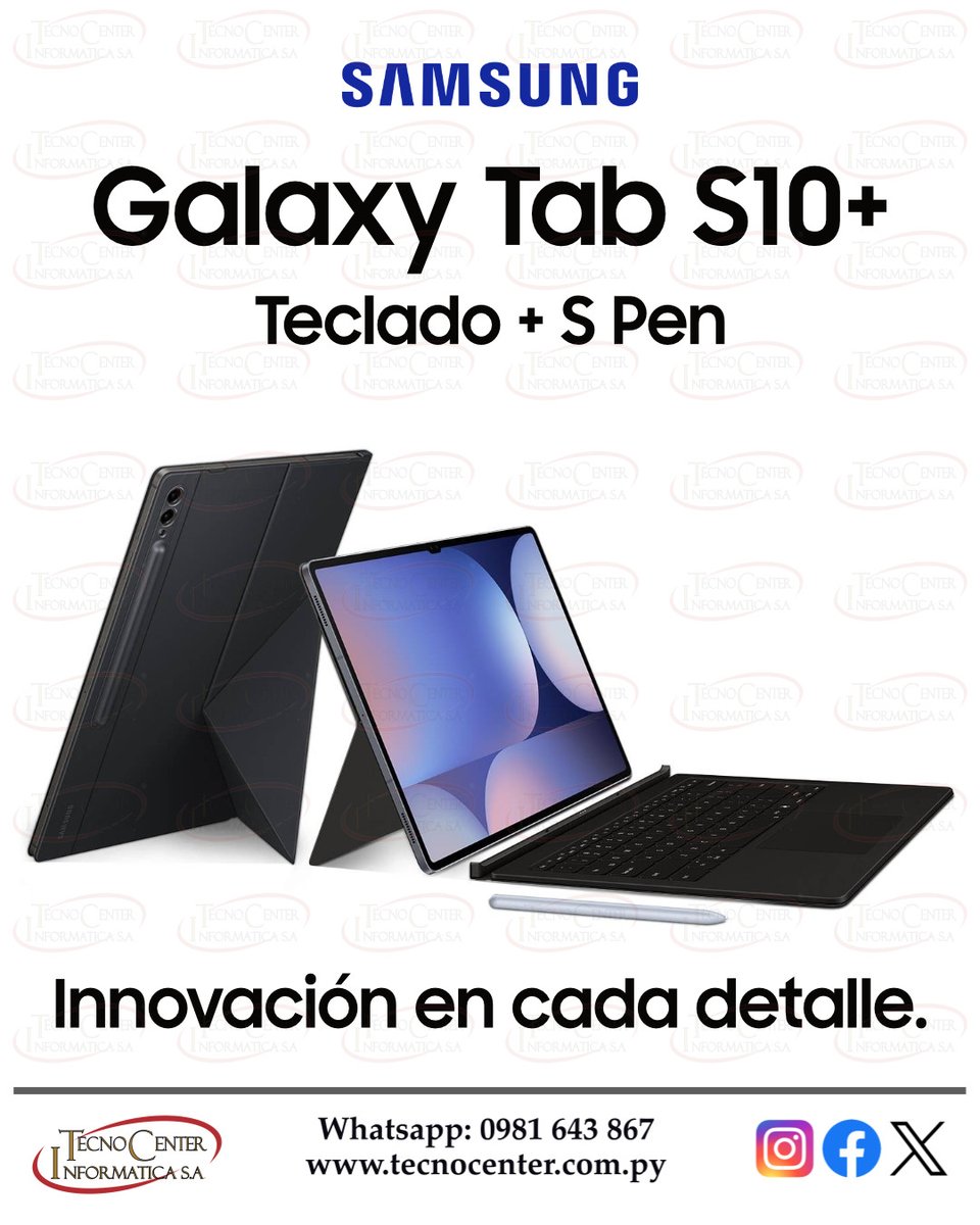 TecnoCenter_Py's tweet image. Innovación en cada detalle. Samsung Galaxy Tab S10+ Teclado + S Pen. Adquirila en cuotas de Gs. 517.000. Whatsapp Directo 📲 0981643867.

#Tablet #Samsung #GalaxyTab #SamsungGalaxy #GalaxyTabS10Plus #Android #TecnocenterPy