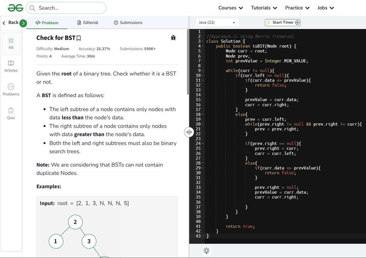 amanhaidry's tweet image. 🗓️Day 86/100
#100DaysOfCode with @GeeksforGeeks 🚀

#binarysearchtree  in #DSA
✅Check for BST
→ Using Specified Range
→ Using Inorder Traversal
→ Using Morris Traversal

🔗Course Link: geeksforgeeks.org/nation-skill-u…
#skillupwithgfg #nationskillup #100DaysOfDSA #geeksforgeeks #gfg