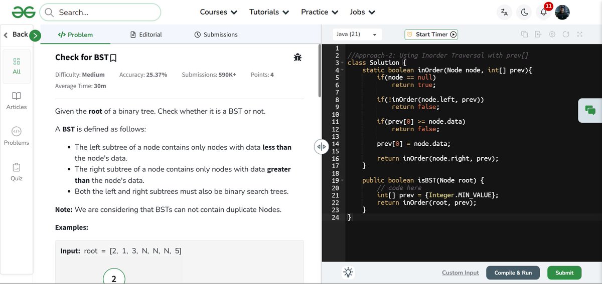 amanhaidry's tweet image. 🗓️Day 86/100
#100DaysOfCode with @GeeksforGeeks 🚀

#binarysearchtree  in #DSA
✅Check for BST
→ Using Specified Range
→ Using Inorder Traversal
→ Using Morris Traversal

🔗Course Link: geeksforgeeks.org/nation-skill-u…
#skillupwithgfg #nationskillup #100DaysOfDSA #geeksforgeeks #gfg