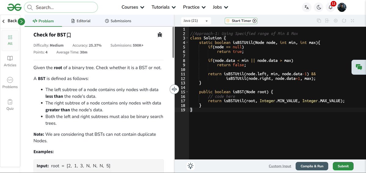 amanhaidry's tweet image. 🗓️Day 86/100
#100DaysOfCode with @GeeksforGeeks 🚀

#binarysearchtree  in #DSA
✅Check for BST
→ Using Specified Range
→ Using Inorder Traversal
→ Using Morris Traversal

🔗Course Link: geeksforgeeks.org/nation-skill-u…
#skillupwithgfg #nationskillup #100DaysOfDSA #geeksforgeeks #gfg
