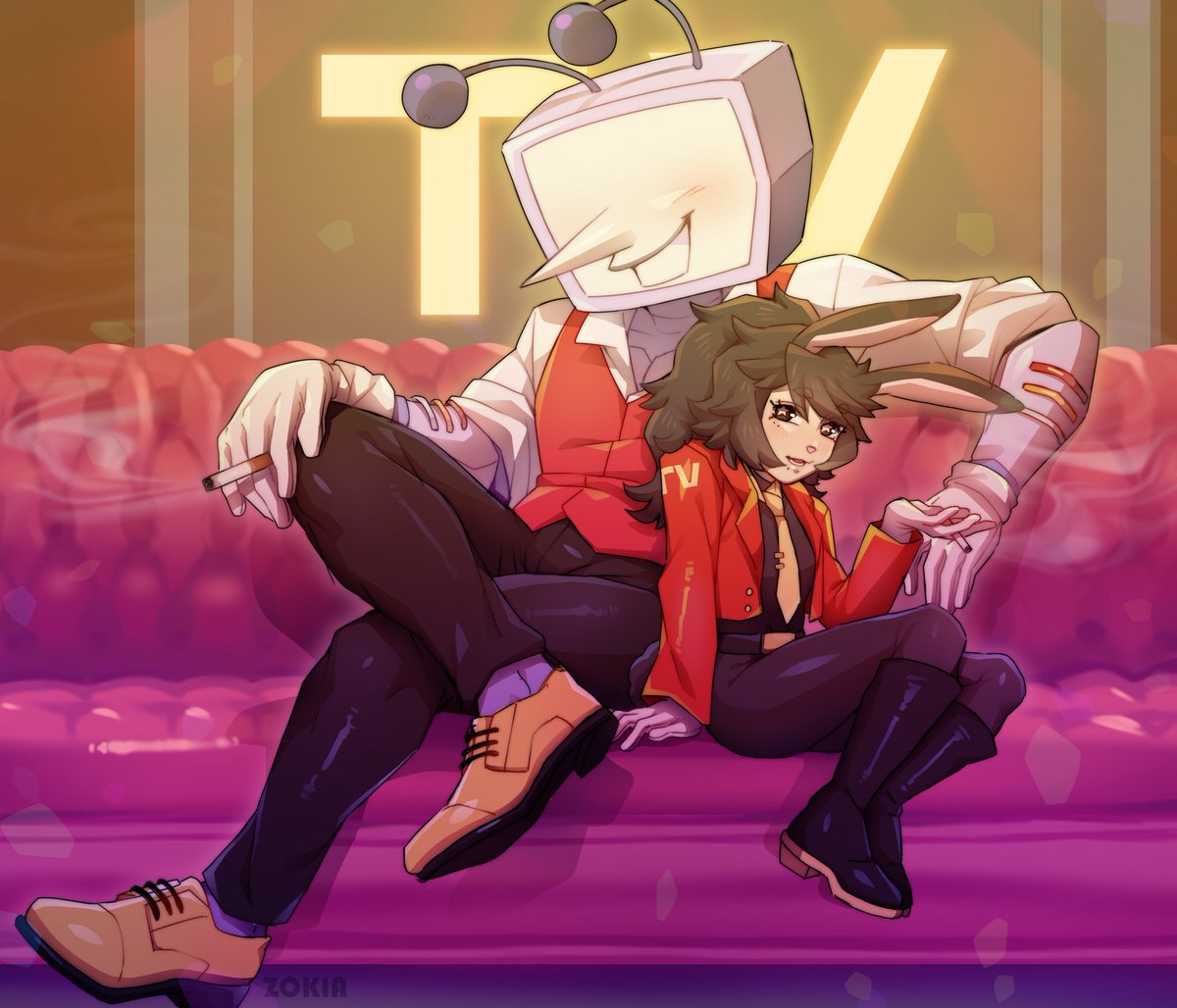 After a long day of being on the stage, Pheebs and Tenna like to unwind in the break room and just talk about how wonderful they both did 🩷 little smoke break too, helps with the stress… being game show hosts isn’t easy!!

Art by the bestie @/Jan_hime once again!! Yay!!! 🩷💕🎀