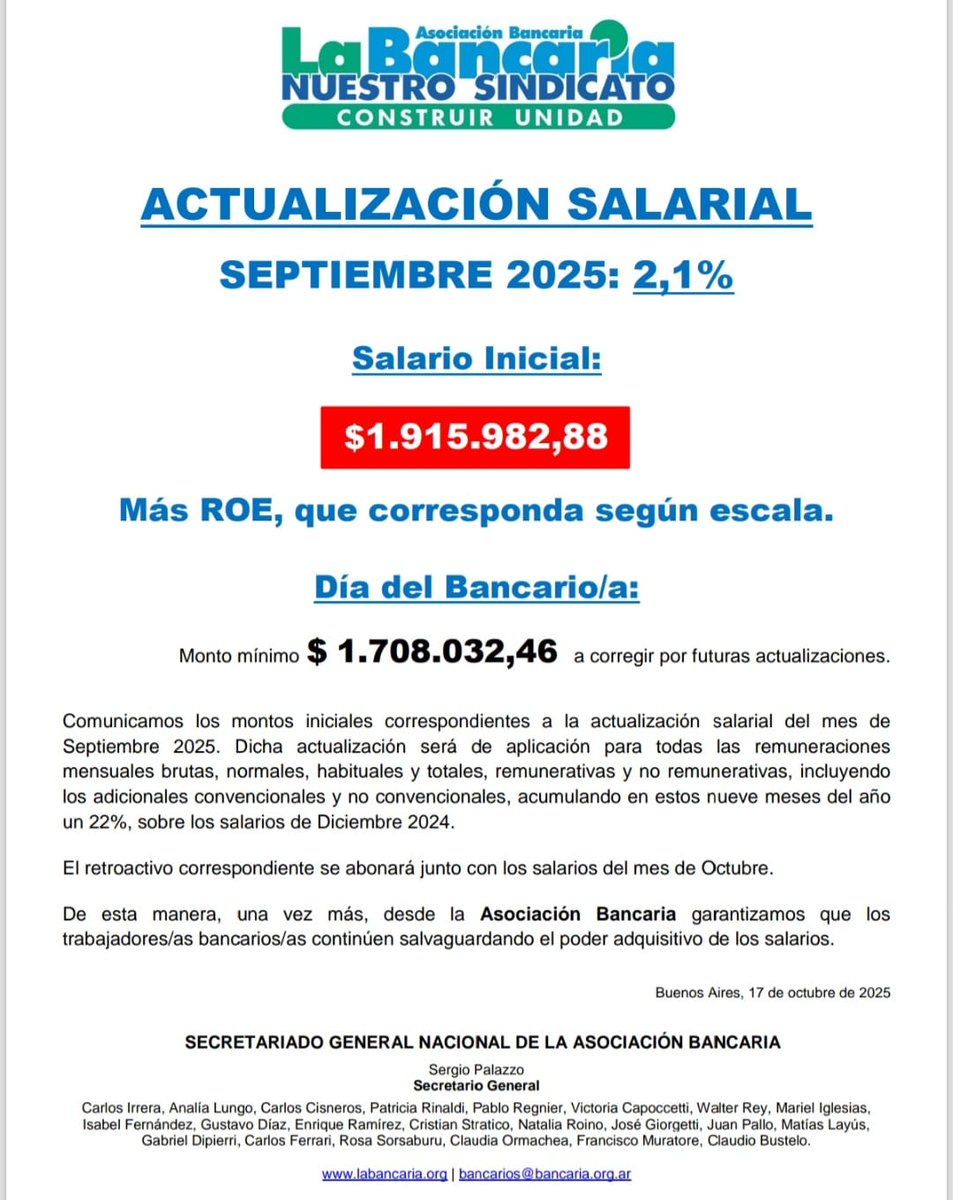 ACTUALIZACIÓN SALARIAL SEPTIEMBRE 

📃 Comunicamos los montos iniciales correspondientes a la actualización salarial del mes de Septiembre 2025.

El retroactivo correspondiente se abonará junto con los salarios del mes de Octubre.

Info → bit.ly/4hd0U8q