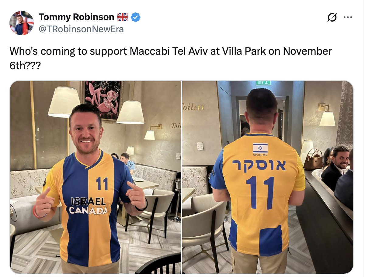 Meet convicted football hooligan Tel Aviv Tommy Bentley-Robinson. 
Israel-first shill and luxury addict who will be singing Maccabi Tel Aviv's rape song at the top of his voice.
Fraudulent fascist thugs is all the genocidal apartheid regime has left.