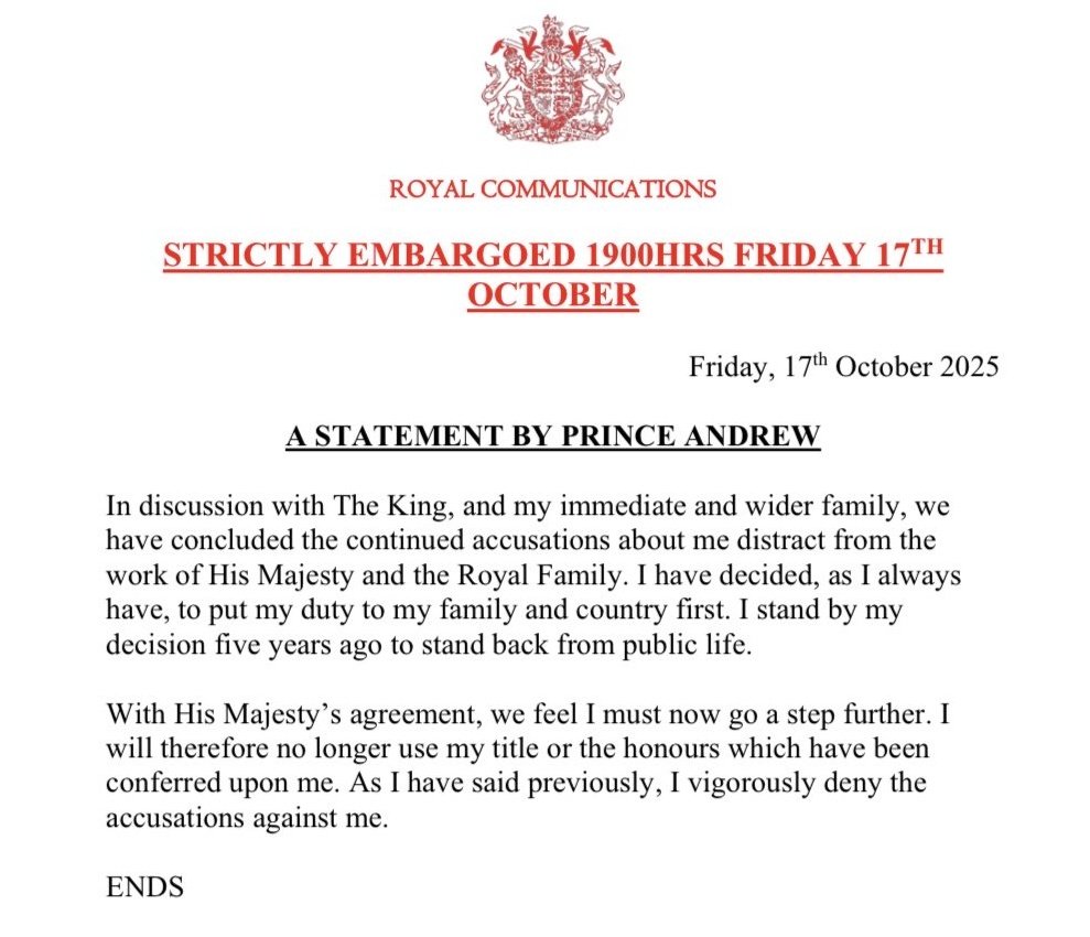 I_amMukhtar's tweet photo. Prince Andrew’s statement:

"In discussion with The King, and my immediate and wider family, we have concluded the continued accusations about me distract from the work of His Majesty and the Royal Family"..... https://t.co/Km1TEBPRYd