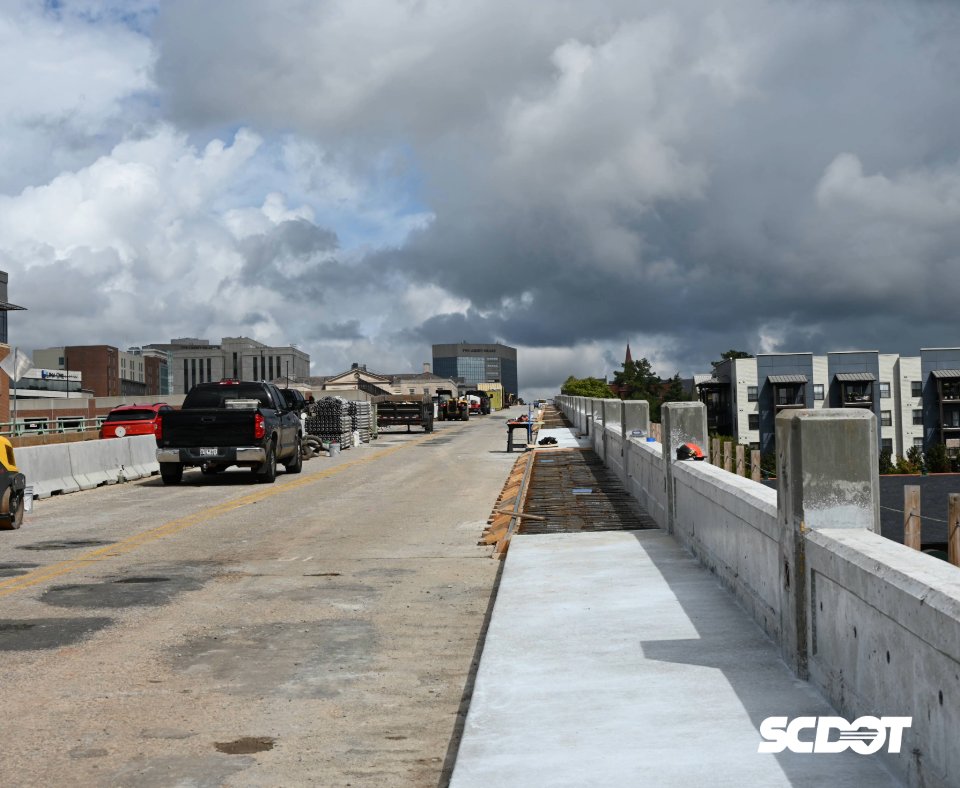 SCDOTPress's tweet image. SCDOT and its partners remain in stage two of the Church Street Bridge Rehabilitation Project in downtown Greenville.

Recently, crews have focused on building out the pedestrian enhancements on the east side of the bridge and elevating the bridge to upgrade its bearings.