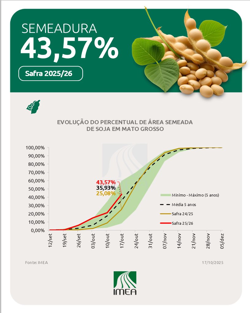 🚨 SEMEADURA
17 de outubro de 2025.

A semeadura da soja para a safra 2025/26 alcançou 43,57% das áreas previstas em Mato Grosso até a sexta-feira (17/10).

📲 Acesse o informe na íntegra pelo nosso site.

#imea #semeadura #matogrosso #soja