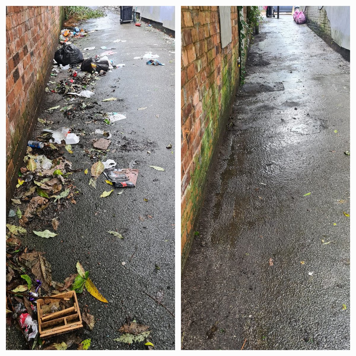 The problem this time of year is everything is wet, in the rain like here water runs in this alleyway and the litter collects. It's twice the weight and drips smelly bin juice out the bags!