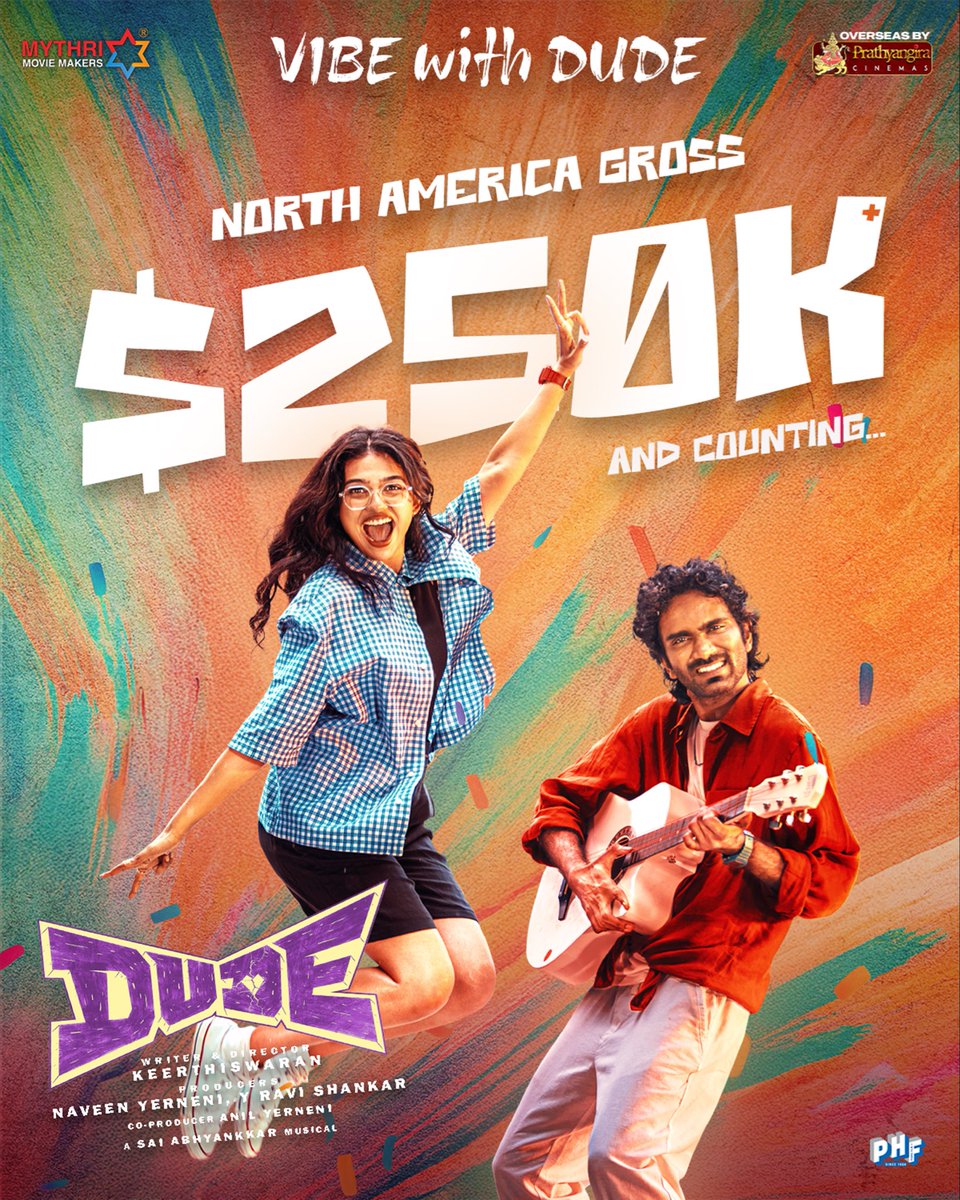#DUDE is on Top Gear 🤩🤩🤩

North America gross crosses $250K+ mark and counting… ❤️‍🔥❤️‍🔥❤️‍🔥

#Dude Overseas release by <a href="/PrathyangiraUS/">Prathyangira Cinemas</a>

<a href="/pradeeponelife/">Pradeep Ranganathan</a> <a href="/_mamithabaiju/">Mamitha Baiju</a> 
<a href="/Keerthiswaran_/">Keerthiswaran</a> <a href="/SaiAbhyankkar/">abhyankkar</a>
<a href="/MythriOfficial/">Mythri Movie Makers</a>